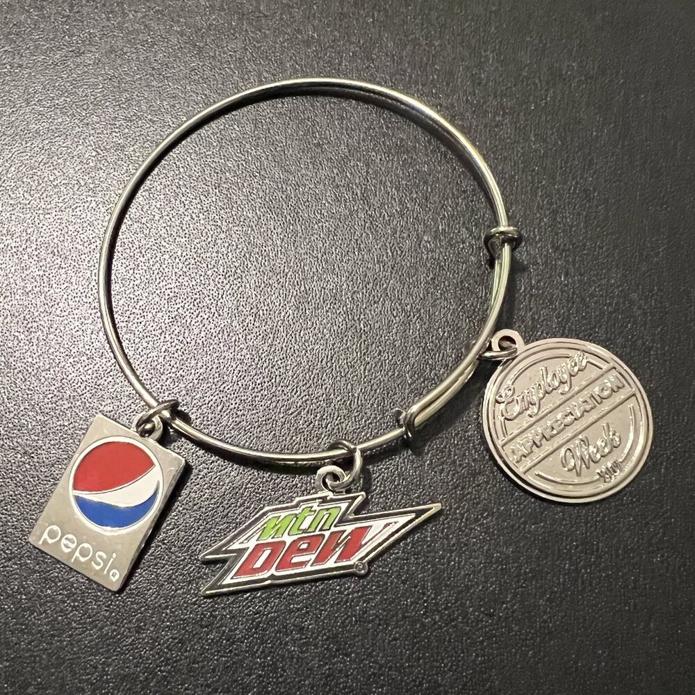 Silver Tone Expandable Charm Bracelet, Mtn. Dew, Pepsi, Employee Appreciation